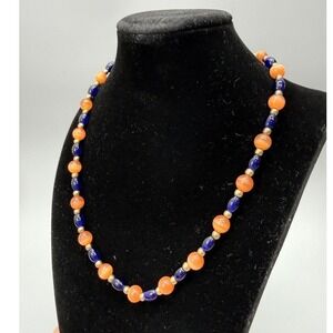 Orange Blue Beaded Necklace 18" Gold Spacer Cats Eye Accent Broncos Colors
